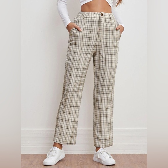 Beige plaid, light summer pants - Picture 2 of 2